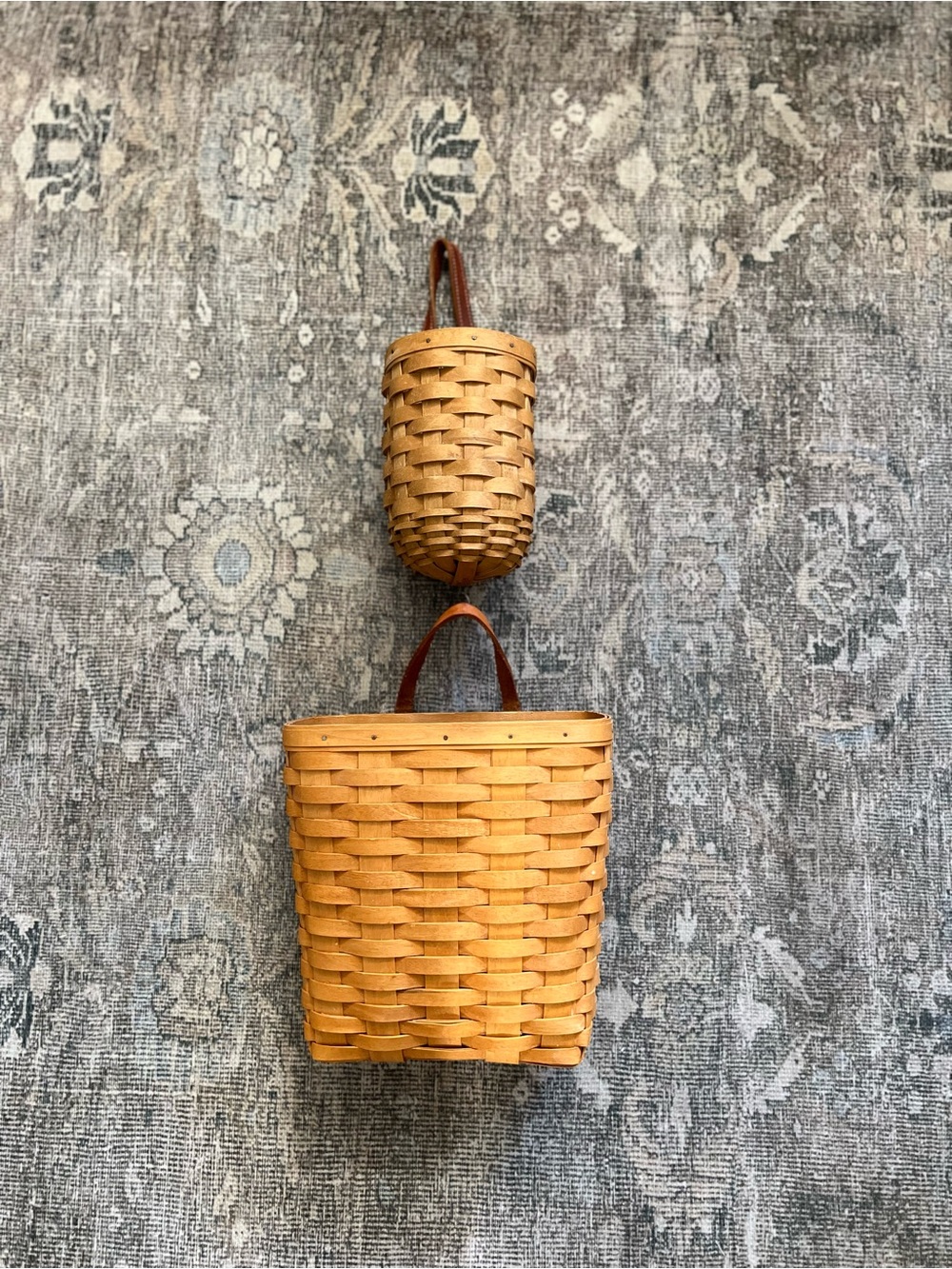 Vintage 1999 Longaberger Hanging Wall Basket Set Leather Straps Handwoven